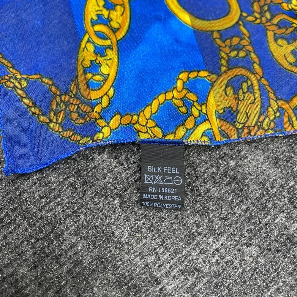 Vintage Style Gold Chain Link Blue Striped Lightweight Silk Feel Scarf